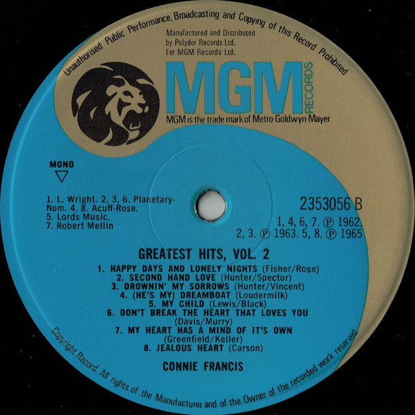 Connie Francis : Greatest Hits Vol. 2 (LP, Comp, Mono)