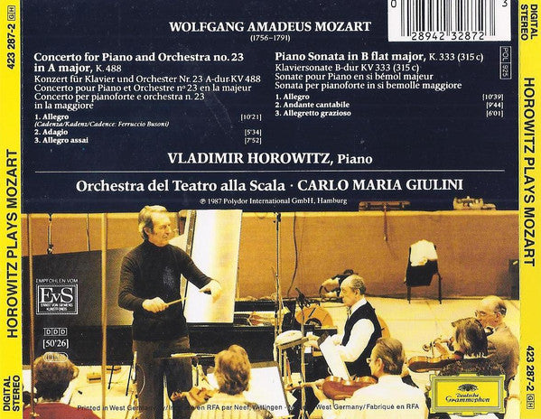 Vladimir Horowitz Plays Wolfgang Amadeus Mozart - Orchestra Del Teatro Alla Scala, Carlo Maria Giulini : Piano Concerto No. 23 K. 488 • Piano Sonata K. 333 (CD, RE, PDO)
