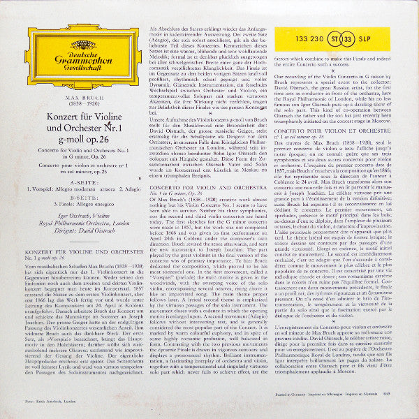 Max Bruch, Igor Oistrach ∙ David Oistrach : Violinkonzert Nr. 1 G-moll Op. 26 (10", RE)