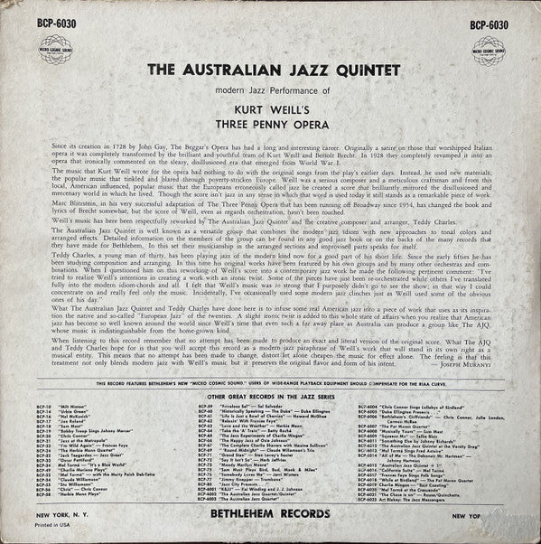 The Australian Jazz Quintet : Modern Jazz Performance Of Kurt Weill's Three Penny Opera (LP, Album, Mono)