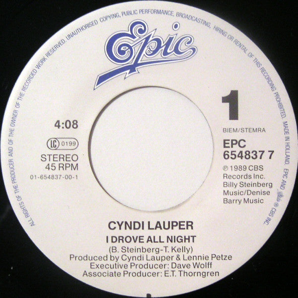 Cyndi Lauper : I Drove All Night (7", Single)