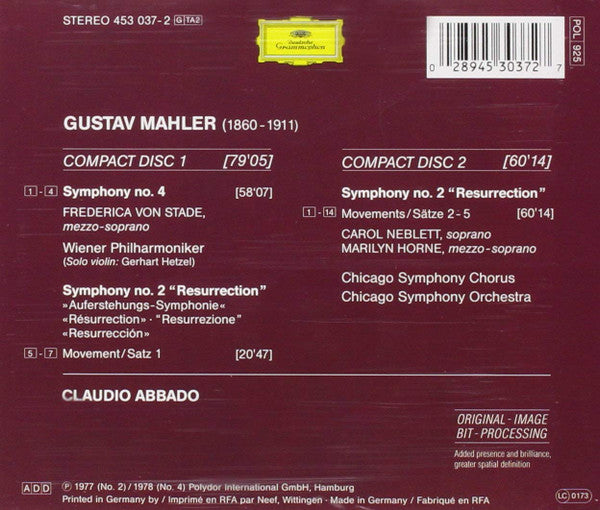 Gustav Mahler - Carol Neblett • Marilyn Horne • Frederica von Stade, Chicago Symphony Orchestra & Chicago Symphony Chorus, Wiener Philharmoniker, Claudio Abbado : Symphonies Nos. 2 & 4 (2xCD, Comp, RM)