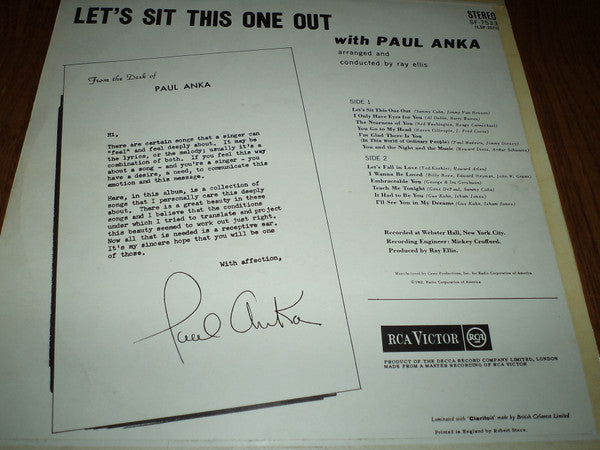 Paul Anka : Let's Sit This One Out (LP, Quad, RE)