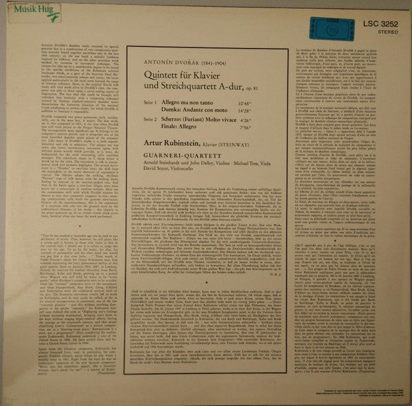 Antonín Dvořák - Arthur Rubinstein, Guarneri Quartet : Piano Quintet (LP)