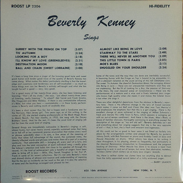 Beverly Kenney, Johnny Smith : Sings For Johnny Smith (LP, Album, RE)