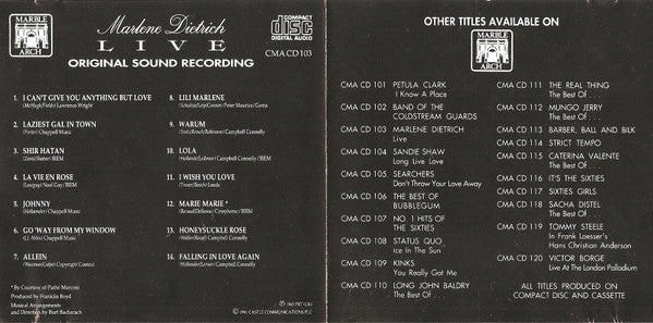 Marlene Dietrich : Live (CD, Album, RE)