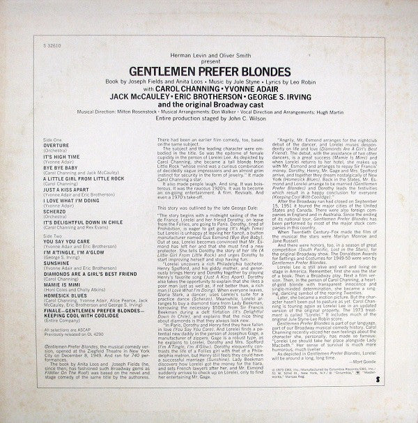 Carol Channing, Yvonne Adair, Jack McCauley, Eric Brotherson, George S. Irving And The Original Broadway Cast* : Gentlemen Prefer Blondes (LP, Album, Mono, RE)