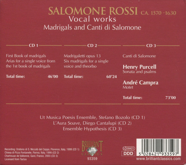 Salomone Rossi - Ut Musica Poësis Ensemble - L'Aura Soave Cremona - Hypothesis : Vocal Works (Madrigals And Canti Di Salomone) (3xCD, Comp)