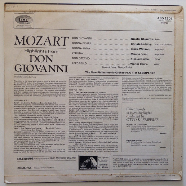 Wolfgang Amadeus Mozart, Otto Klemperer, New Philharmonia Orchestra, New Philharmonia Chorus, Nicolai Ghiaurov, Christa Ludwig, Claire Watson, Mirella Freni, Nicolai Gedda, Walter Berry : Don Giovanni Highlights (LP, Album)