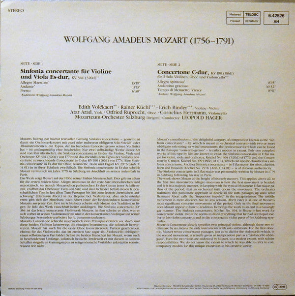 Wolfgang Amadeus Mozart - Rainer Küchl, Erich Binder, Edith Volckaert, Atar Arad, Das Mozarteum Orchester Salzburg, Leopold Hager : Sinfonia Concertante / Concertone (LP)