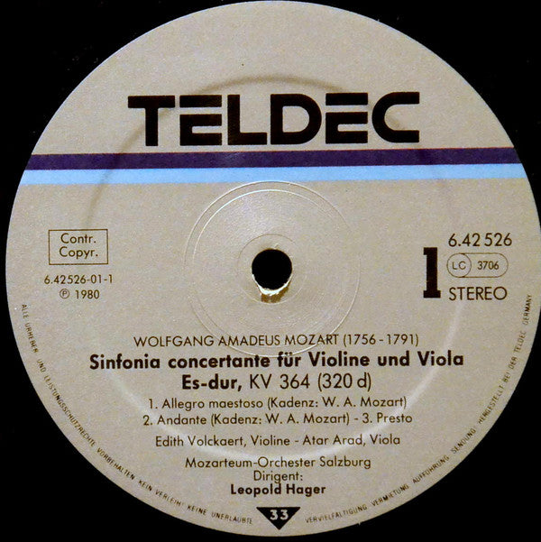 Wolfgang Amadeus Mozart - Rainer Küchl, Erich Binder, Edith Volckaert, Atar Arad, Das Mozarteum Orchester Salzburg, Leopold Hager : Sinfonia Concertante / Concertone (LP)
