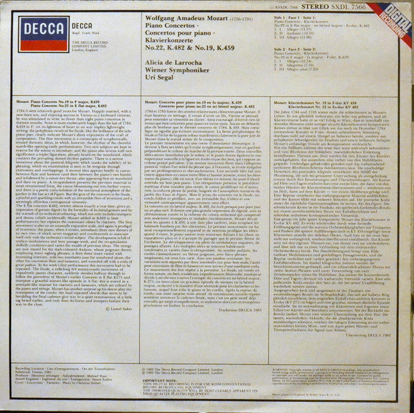 Wolfgang Amadeus Mozart - Alicia De Larrocha, Uri Segal, Wiener Symphoniker : Piano Concertos No.19 In F Major, K.459 • No.22 In E Flat Major, K.482 (LP, Dig)