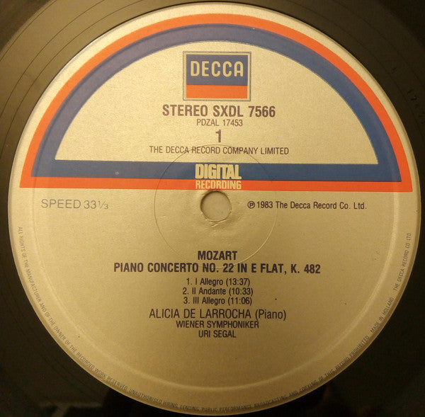 Wolfgang Amadeus Mozart - Alicia De Larrocha, Uri Segal, Wiener Symphoniker : Piano Concertos No.19 In F Major, K.459 • No.22 In E Flat Major, K.482 (LP, Dig)