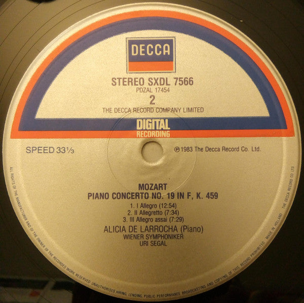 Wolfgang Amadeus Mozart - Alicia De Larrocha, Uri Segal, Wiener Symphoniker : Piano Concertos No.19 In F Major, K.459 • No.22 In E Flat Major, K.482 (LP, Dig)