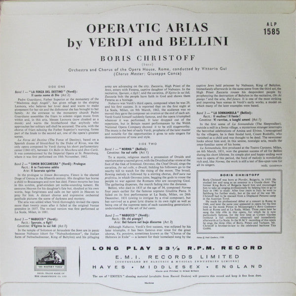 Boris Christoff, Vittorio Gui, Orchestra Del Teatro Dell'Opera Di Roma : Operatic Arias by Verdi and Bellini (LP, Mono)