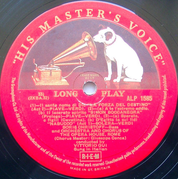 Boris Christoff, Vittorio Gui, Orchestra Del Teatro Dell'Opera Di Roma : Operatic Arias by Verdi and Bellini (LP, Mono)