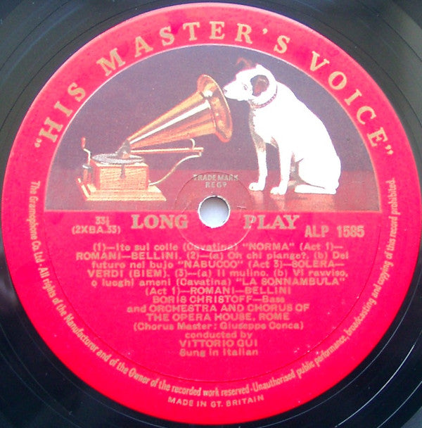 Boris Christoff, Vittorio Gui, Orchestra Del Teatro Dell'Opera Di Roma : Operatic Arias by Verdi and Bellini (LP, Mono)
