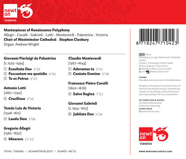Gregorio Allegri · Giovanni Pierluigi da Palestrina · Antonio Lotti · Tomás Luis de Victoria · Claudio Monteverdi · Francesco Cavalli · Giovanni Gabrieli - Westminster Cathedral Choir · Stephen Cleobury : Miserere (CD, Album, RE)