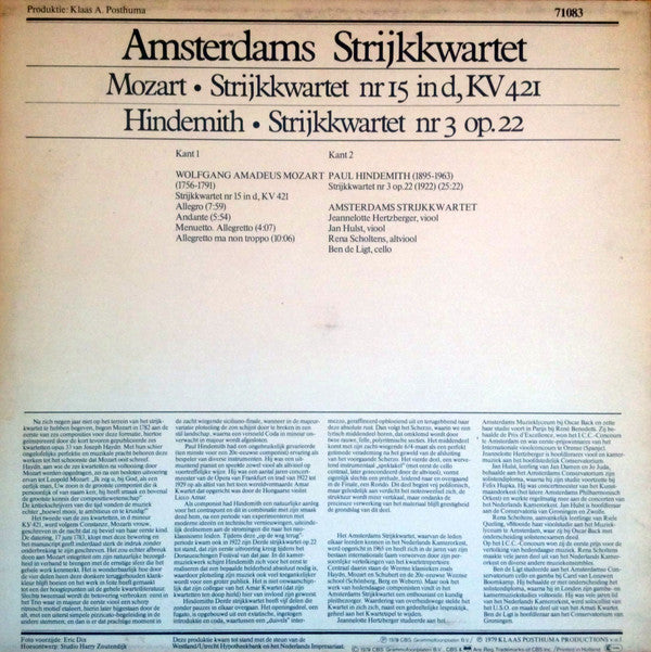 Wolfgang Amadeus Mozart, Paul Hindemith : Amsterdams Strijkkwartet : Strijkkwartet Nr 15 In D KV421/Strijkkwartet Nr 3 Op.22 (LP)