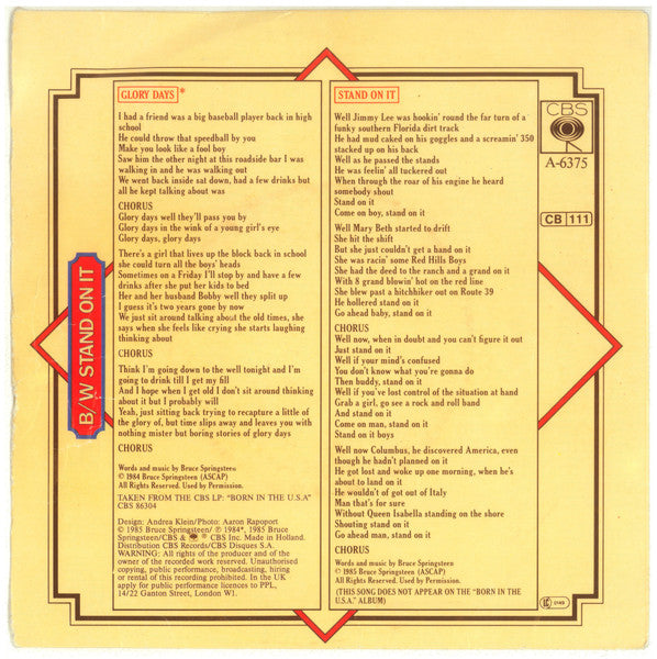 Bruce Springsteen : Glory Days (7", Single, RP)