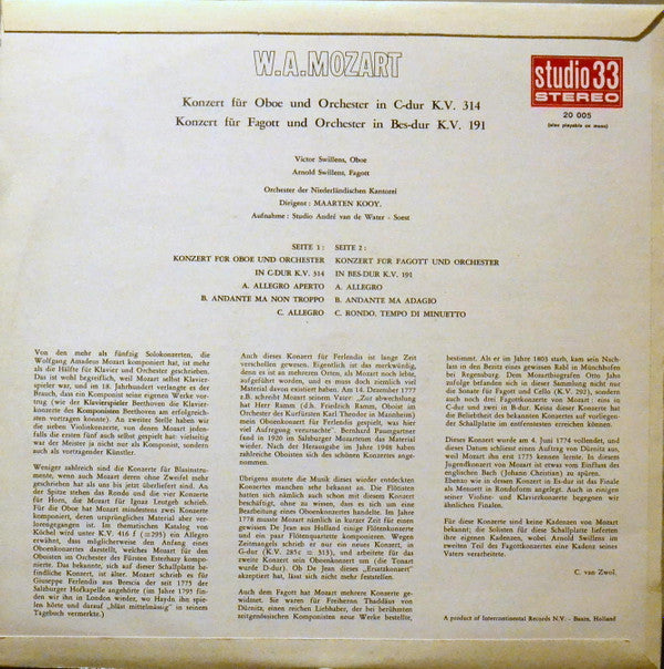 Wolfgang Amadeus Mozart, Maarten Kooy, Orkest Van De Nederlandse Cantorij : Concertos For Oboe KV 314; Bassoon KV 191 (LP)