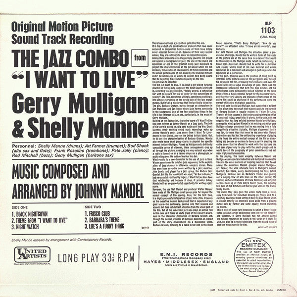 Gerry Mulligan : The Jazz Combo From "I Want To Live!" (LP, Album, Mono)