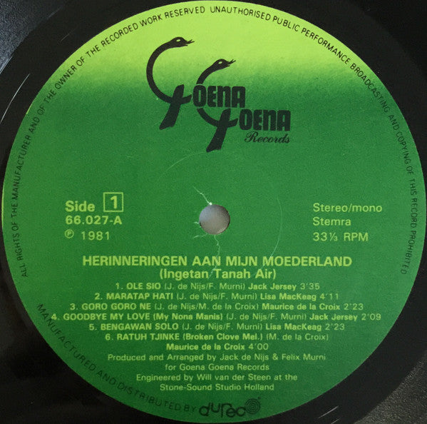Jack Jersey, Lisa MacKeag, Maurice De La Croix : Herinneringen Aan Mijn Moederland (Ingetan Tanah Air) (LP, Comp)