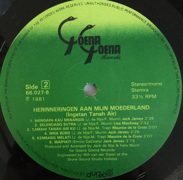 Jack Jersey, Lisa MacKeag, Maurice De La Croix : Herinneringen Aan Mijn Moederland (Ingetan Tanah Air) (LP, Comp)
