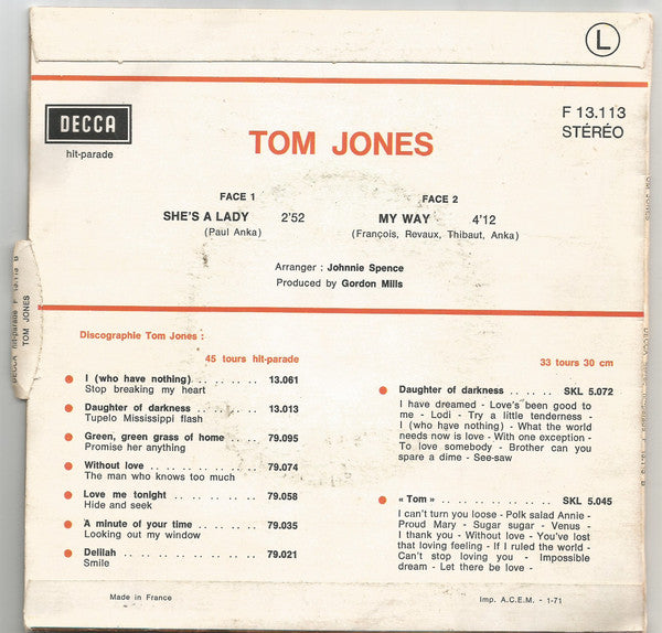 Tom Jones : She's A Lady / My Way (7")