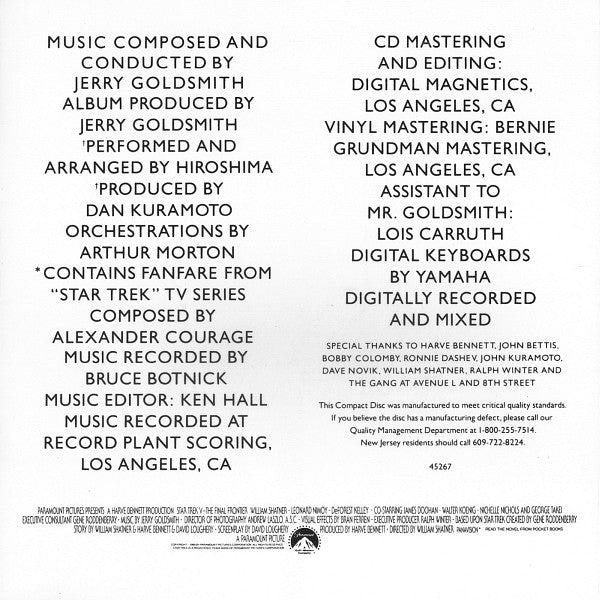 Jerry Goldsmith : Star Trek V: The Final Frontier (Music From The Original Paramount Motion Picture Soundtrack) (CD, Album, RE)