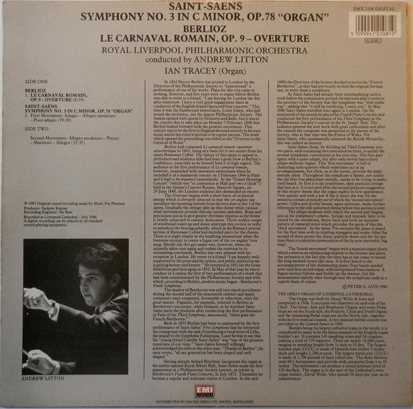 Camille Saint-Saëns / Hector Berlioz, Royal Liverpool Philharmonic Orchestra, Andrew Litton, Ian Tracey : Symphony No. 3 "Organ." / Le Carnaval Romain - Overture (LP, Album)