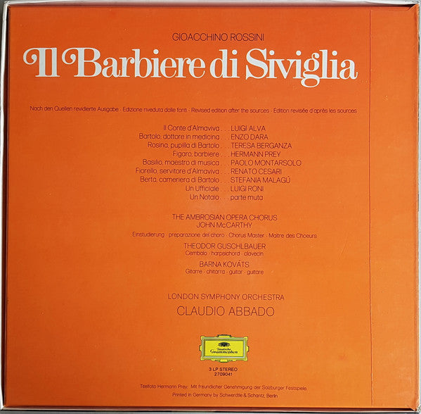 Gioacchino Rossini - Hermann Prey · Teresa Berganza · Luigi Alva · Enzo Dara · Paolo Montarsolo - London Symphony Orchestra - Claudio Abbado : Il Barbiere Di Siviglia (Box + 3xLP)