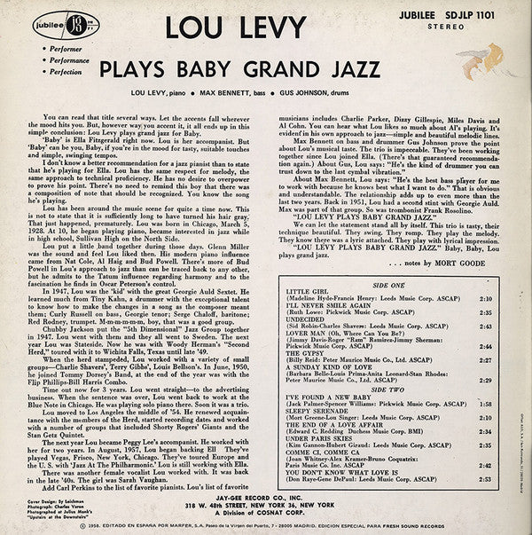 Lou Levy : Plays Baby Grand Jazz (LP, RE)