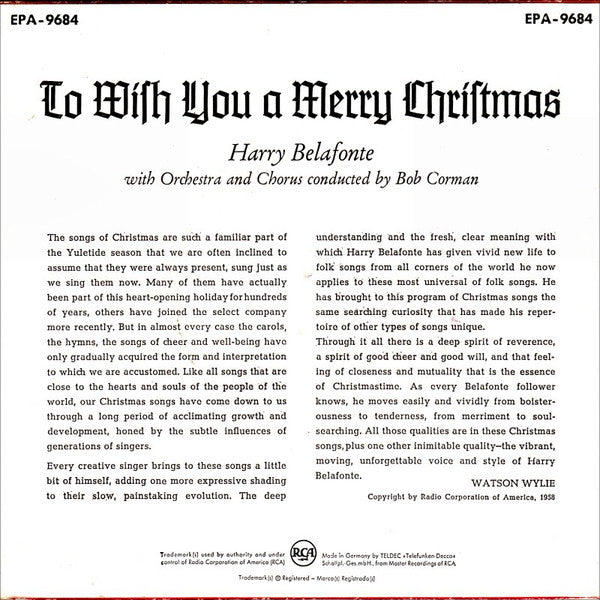 Harry Belafonte : To Wish You A Merry Christmas (7", EP)