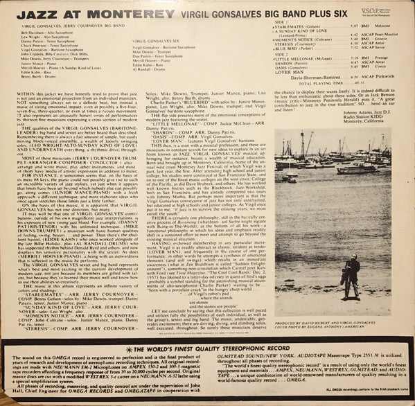 Virgil Gonsalves Big Band Plus Virgil Gonsalves Sextet : Jazz At Monterey  (LP, Album, RE)