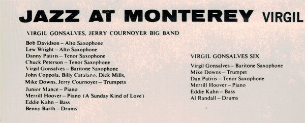 Virgil Gonsalves Big Band Plus Virgil Gonsalves Sextet : Jazz At Monterey  (LP, Album, RE)