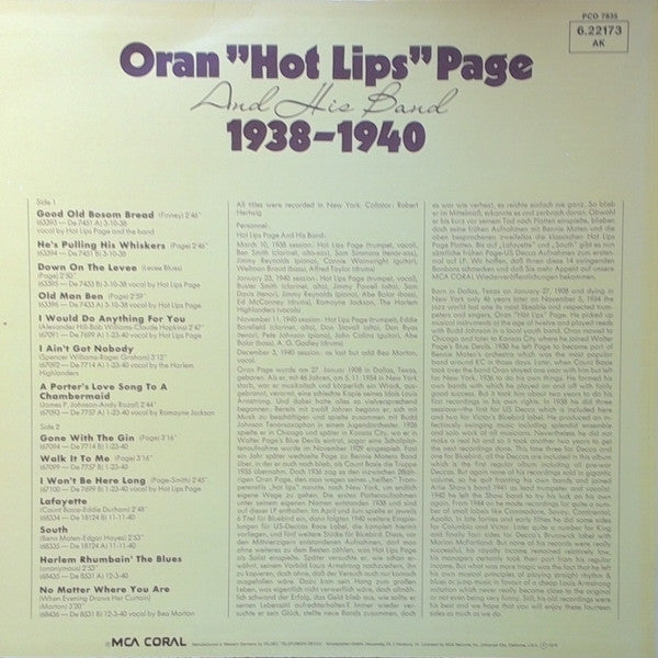 Hot Lips Page : 1938-1940 (LP, Comp)