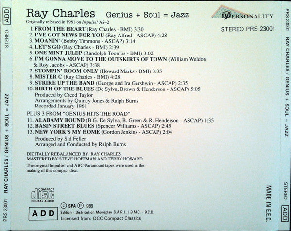 Ray Charles : Genius + Soul = Jazz (CD, Album, RE)