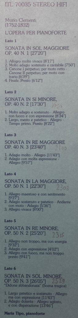 Muzio Clementi, Maria Tipo : L'Opera Per Pianoforte 1 Sonate Op. 40, 1-3 - Op. 50, 1-3 (3xLP, Album + Box)