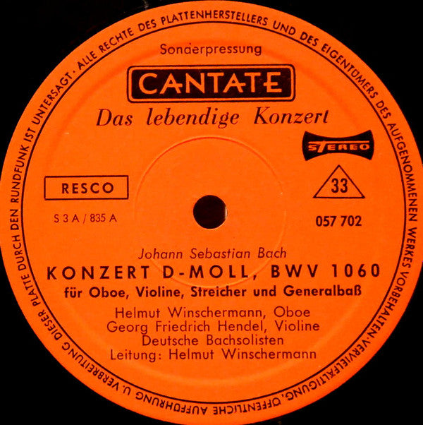 Johann Sebastian Bach - Deutsche Bachsolisten, Helmut Winschermann, Georg Friedrich Hendel, George Malcolm : Konzert D-Moll BWV 1060 / Konzert G-Moll BWV 1058 (LP)
