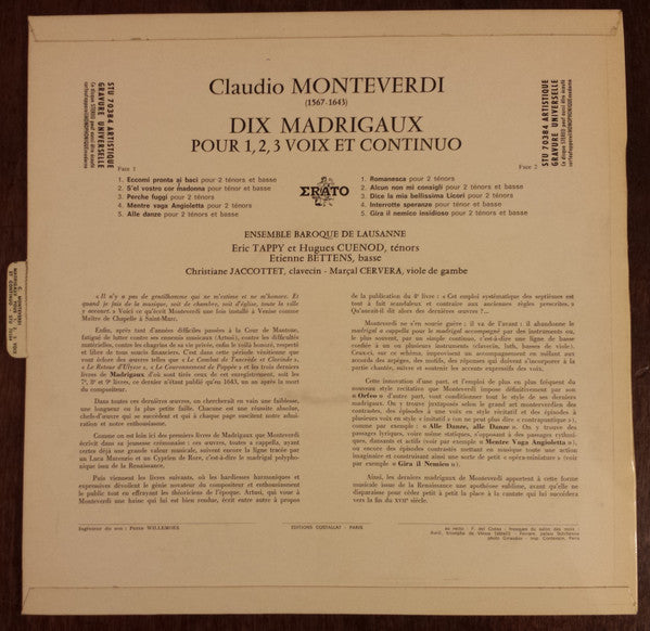 Claudio Monteverdi - Ensemble Baroque De Lausanne : Dix Madrigaux Pour 1, 2, 3 Voix & Continuo (LP)