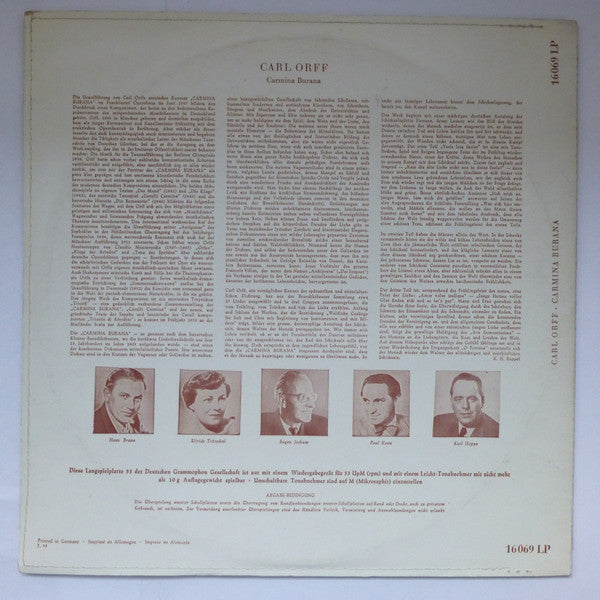 Carl Orff, Elfride Trötschel ∙ Hans Braun ∙ Paul Kuen, Carl Hoppe, Eugen Jochum, Chor Des Bayerischen Rundfunks Und Symphonie-Orchester Des Bayerischen Rundfunks : Carmina Burana (10", Mono, Gat)