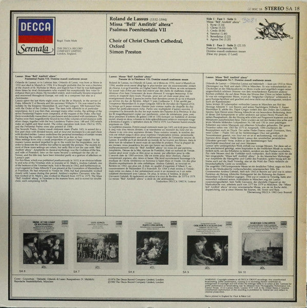 Lassus* - Choir Of Christ Church Cathedral Oxford*, Simon Preston : Missa "Bell' Amfitrit' Altera" / Penitential Psalm VII (LP, Album, RE)