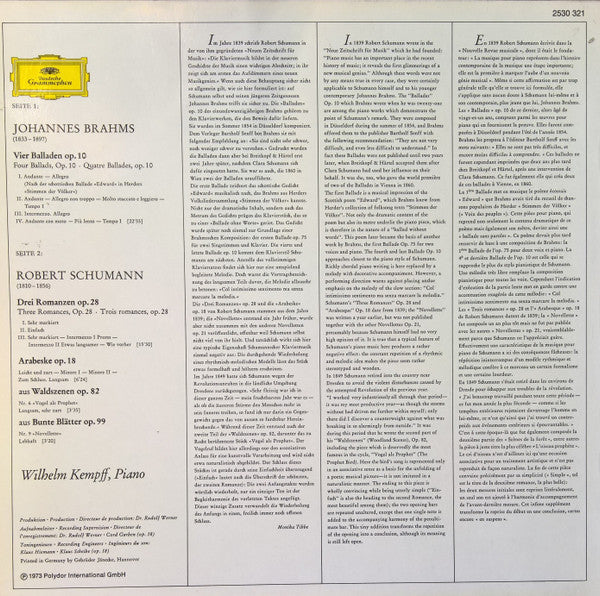 Wilhelm Kempff, Johannes Brahms, Robert Schumann : Balladen Op. 10 / Romanzen (LP, Album)