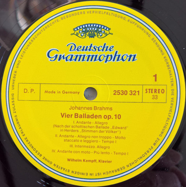 Wilhelm Kempff, Johannes Brahms, Robert Schumann : Balladen Op. 10 / Romanzen (LP, Album)