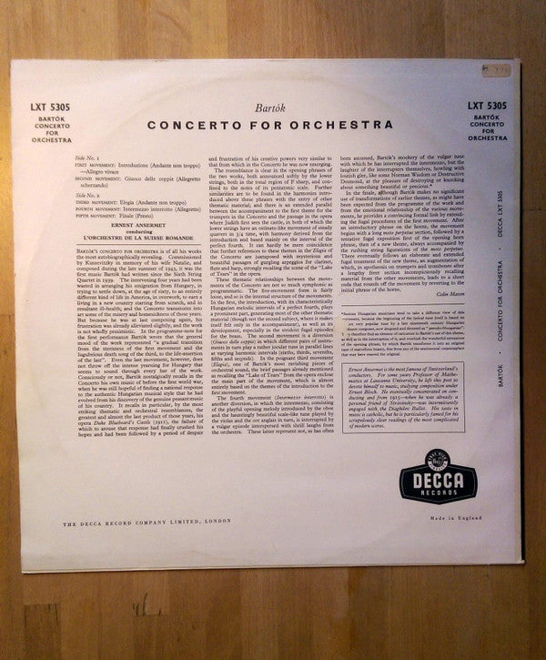 Béla Bartók - Ernest Ansermet Conducting L'Orchestre De La Suisse Romande : Concerto For Orchestra (LP, Album, Mono)
