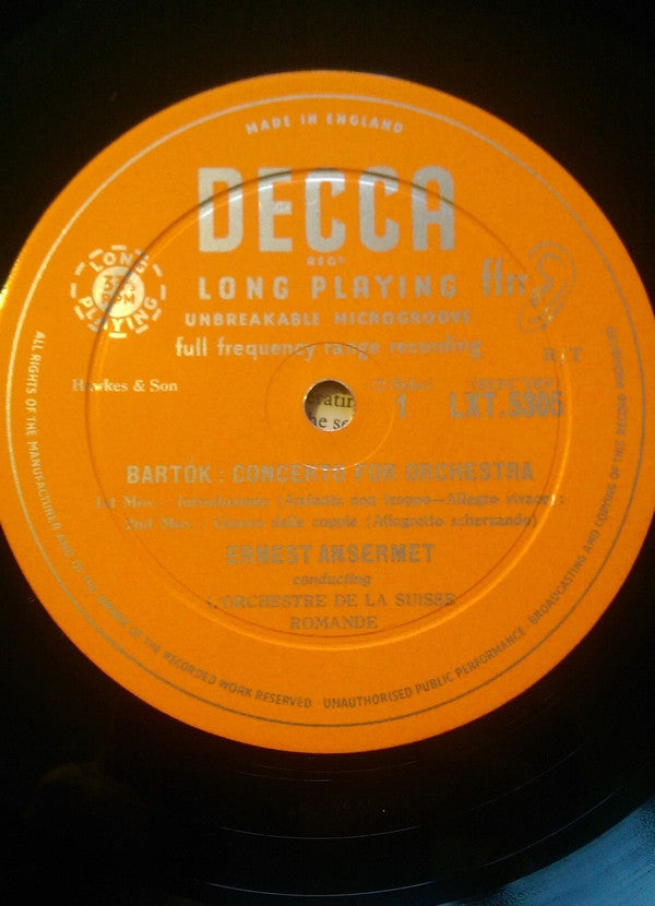Béla Bartók - Ernest Ansermet Conducting L'Orchestre De La Suisse Romande : Concerto For Orchestra (LP, Album, Mono)