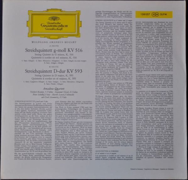 Wolfgang Amadeus Mozart, Amadeus-Quartett mit Cecil Aronowitz : Streichquintette G-moll KV 516 - D-dur KV 593 (LP, Album)