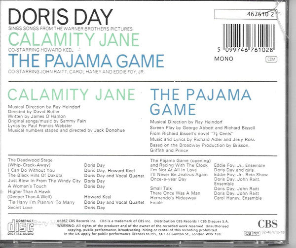 Doris Day : Sings Songs From The Warner Brothers' Pictures Calamity Jane & The Pajama Game (CD, Album, Comp, Mono, RE, 2 o)