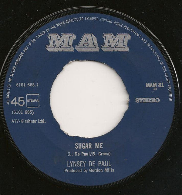Lynsey De Paul : Sugar Me (7", Single, Blu)